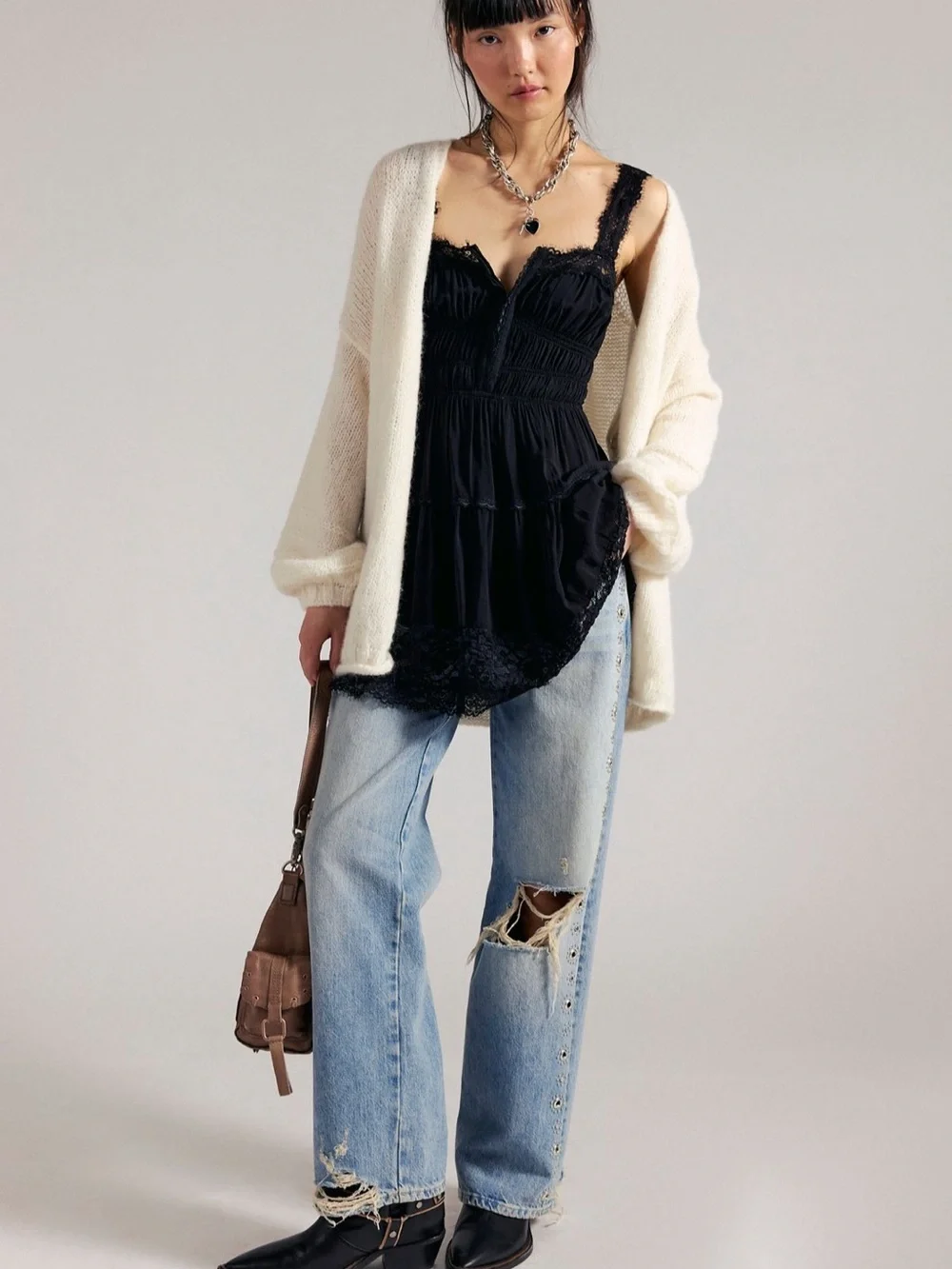 Free People Black Lace-Trim Slip Chemise